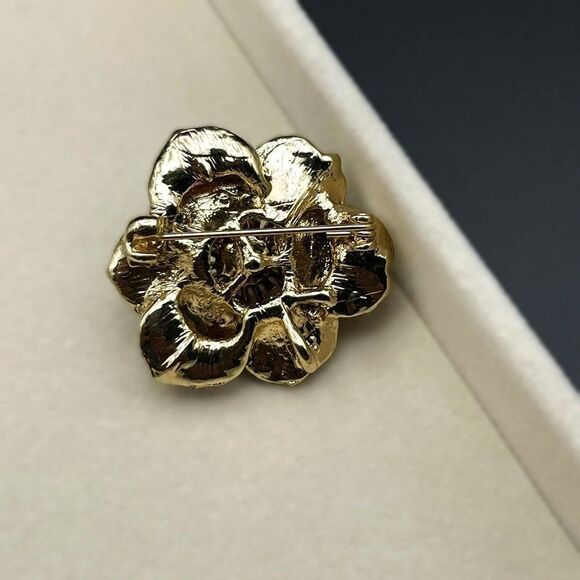 Yellow Gold Glittery Pearl with Purple and Green Enamel Flower Pin Back Brooch - Picture 5 of 7